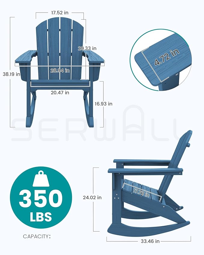 SERWALL Outdoor Adirondack Rocking Chairs Set of 6, All-Weather HDPE Adirondack Rocker Chair, Front Porch Rocker Chairs for Patio Lawn Porch Deck, Navy