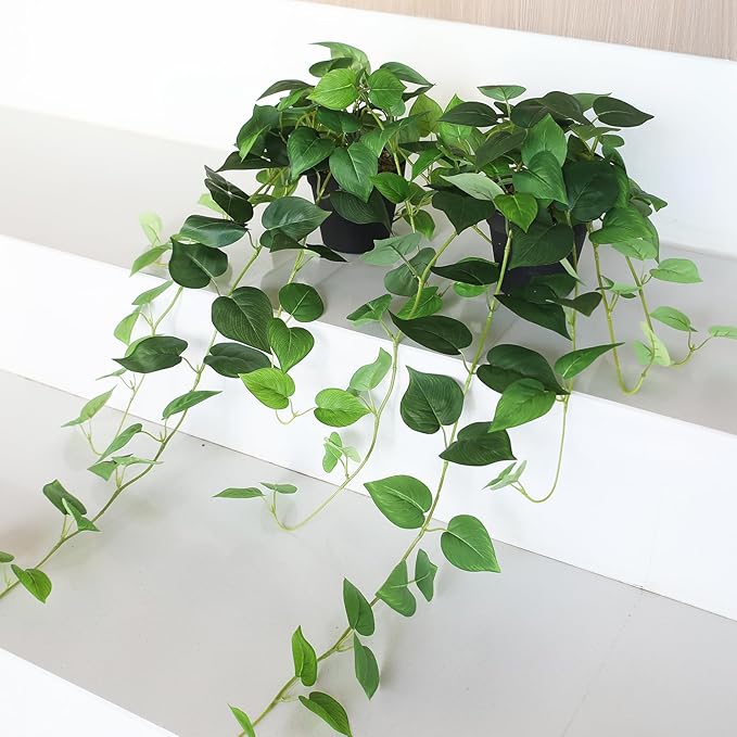 alyptus Fake Pothos Hanging Plants – 33" Set of 2 Faux Ivy Vines with Pots, Realistic Silk Devil’s Ivy for Indoor Décor, Low Maintenance Artificial Greenery for Home Bathroom or Office - Green