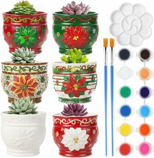 Pasimy 6 Set Ceramics to Paint DIY Ceramic Succulent Planter Pots Paint Your Own Flower Pots Craft Kit Unpainted Bisque Flowerpot with Brush Palette for Family Activity Holiday Gifts(Holly Leaf)