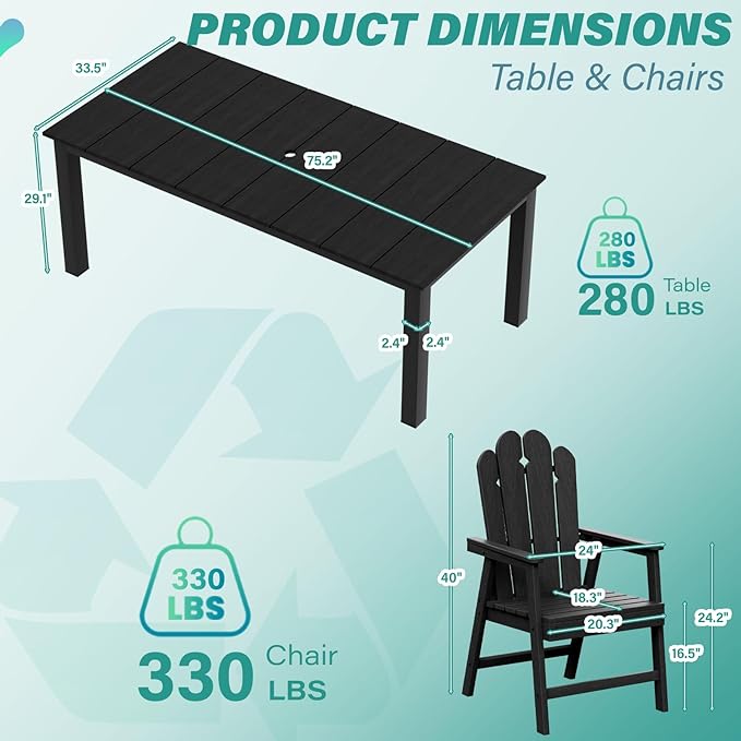 9-Piece Patio Dining Set, Outdoor Dining Set for 8, Large HDPE All-Weather Outdoor Furniture with 89.57” Umbrella Hole Table, 8 Armchairs, Black