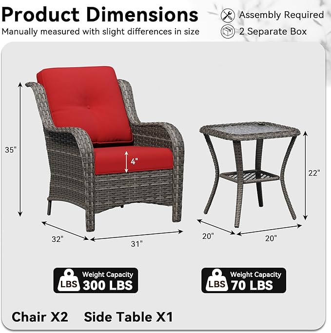 3 Pieces Outdoor Wicker Patio Furniture Set - Patio Chairs Set with Thickened Olefin Cushions, High Back and Deep Seating, Curved Armrest, PE Rattan for Porch, Deck, Balcony,Red