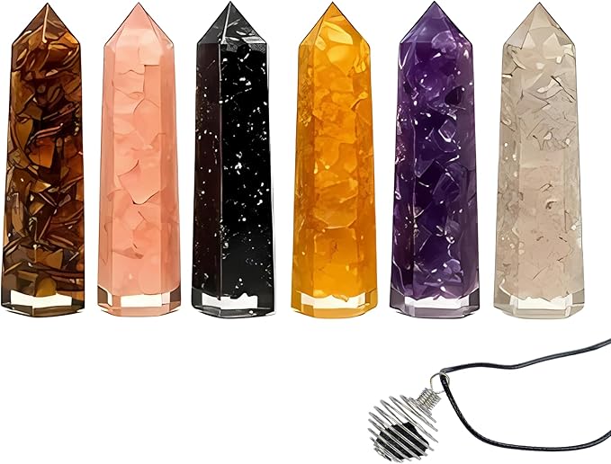 ANAYA AGATE Healing Crystal Wand Set of 6 Orgonite 3.5 Inch Gemstone Towers – Amethyst, Rose Quartz, Citrine, Clear Quartz, Tiger Eye, Black Tourmaline Necklace ChristmasGift Set
