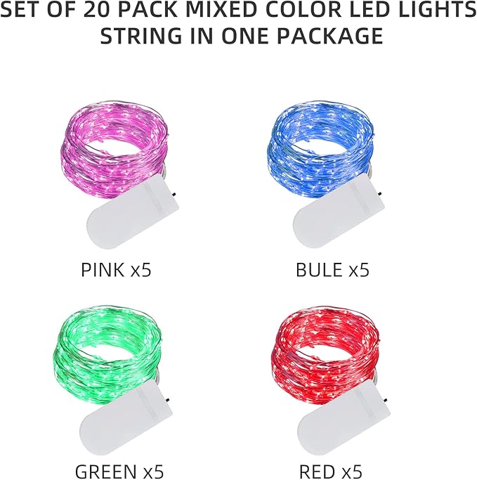 20 Pack Valentine's Lights ,Fairy Lights Battery Operated ,7ft 20 Mini LED Firefly String Lights for Mason Jar ,DIY Parties, Wedding, Bedroom,Easter, Christmas Valentines Day Decoration ,4 Mixed-Color