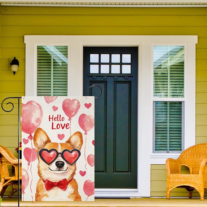 Valentine's Day Welsh-Corgi Hello Love Garden Flag, House Yard Plaid Love Heart Outside Decoration, Spring Holiday Wedding Anniversary Outdoor Small Decor 12x18(12648)