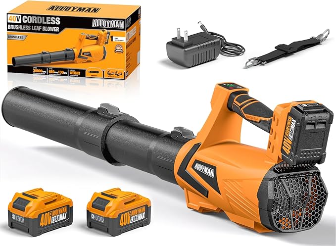 Alloyman 40V Battery Powered Leaf Blower Cordless with 2×2.0Ah Battery and Charger, 650CFM Brushless Handheld Blowers, 3 Speed+Turbo Mode Electric Leaf Blower for Lawn Care, Leaves, Dust, Snow