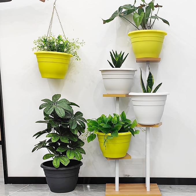 RooTrimmer Plant Pots Set of 5 for Indoor & Outdoor Plants,10 Inch Lightweight Plastic Planters with Drainage Holes,Flower Pots for Healthy Root Growth(Yellow)