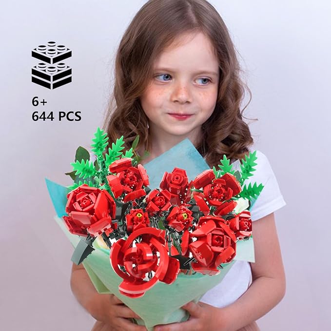 SIENON Red Rose Building Set-10pcs Roses & 2pcs Leaves Botanical Collection, Artificial Flowers for Home Décor, Rose Bouquet Building Kit for Valentine’s Day Christmas Birthday Anniversary (No Vase)