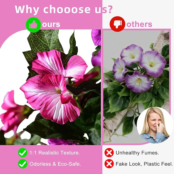 Artificial Morning Glory Flowers Plants for Outdoor 2Pcs Faux Silk Petunias Flower Realistic Faux Flowers Plants for Outside Planter Porch Yard Patio Balcony Home Indoor Decor (2 Pcs Fuchsia)