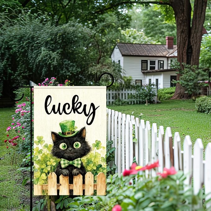 St Patricks Day Garden Flag 12x18 Inch Double Sided,Lucky Shamrocks Cat with Green Hat Outdoor Irish Decor House Porch Flag for St Patrick's Day Party and Yard Decorations