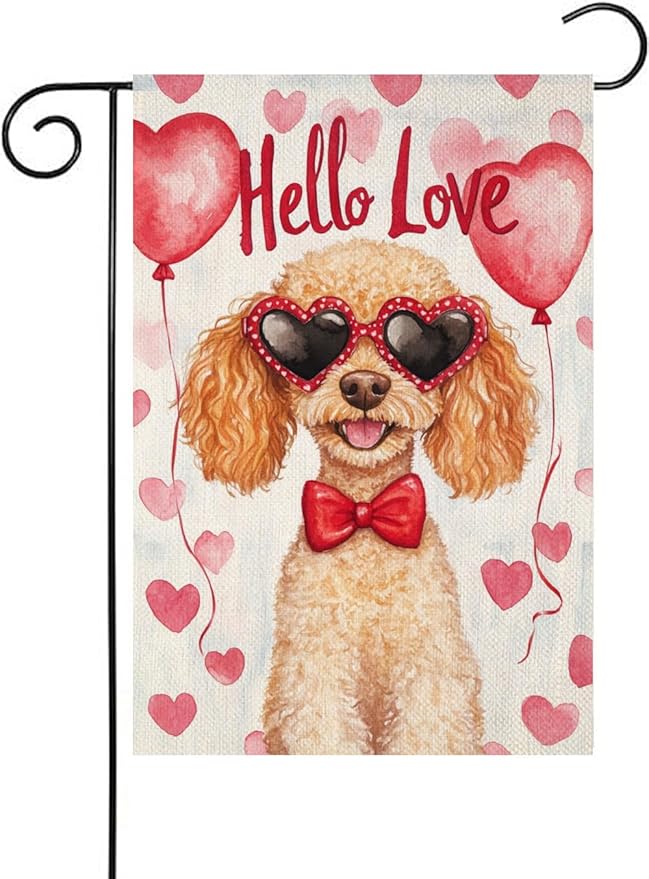 Valentine's Day Poodle Hello Love Garden Flag, House Yard Plaid Love Heart Outside Decoration, Spring Holiday Wedding Anniversary Outdoor Small Decor 12x18(12634)