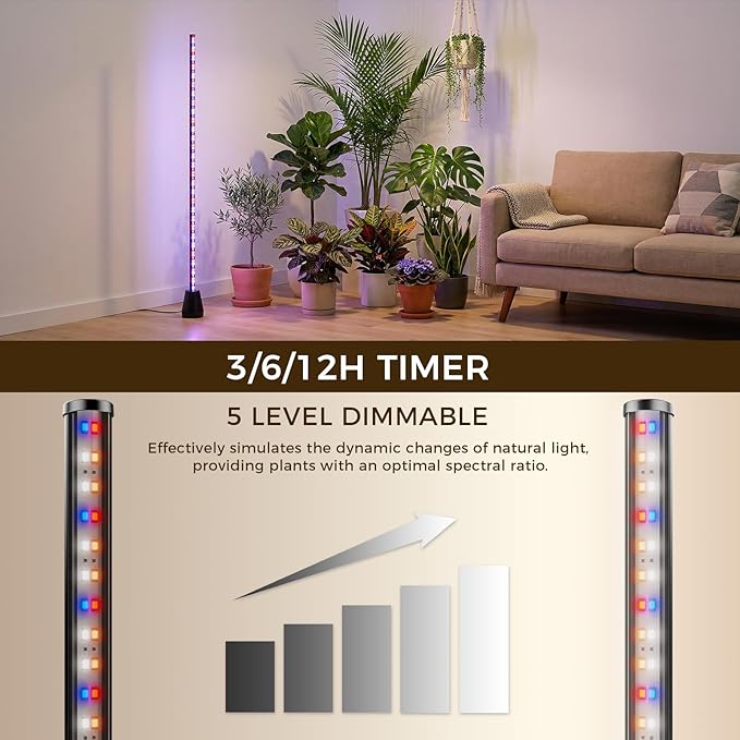 Standing Grow Light with Timer 1PC, 192 LEDs, 65 Inch Full Spectrum Vertical Plant Lamp for Indoor, 3 Light Modes, 5 Level Dimmable Floor Grow Light, Mimic Sunlight for Greenhouse/Garden