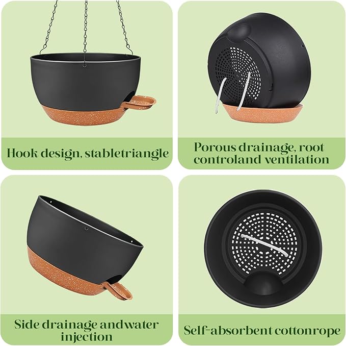 zople 10 Inch Hanging Planters with Chains 2 Pack Self Watering Black Brown Plastic Hanging Pots for Indoor Outdoor Plants, Garden Porch Home Decor (Black Brown)