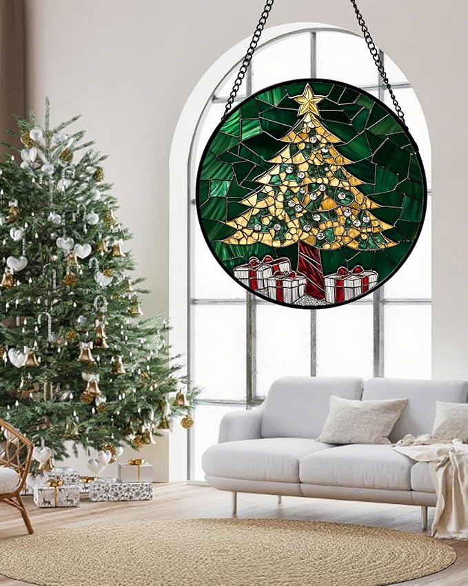 HWRHTR Stained Glass Window Hanging - Gold Green Christmas Tree Suncatcher for Doors Home Christmas Decoration Winter Sun Catcher Thanksgiving New Year Birthday Gifts for Women Men Mom Nana 6.3 in