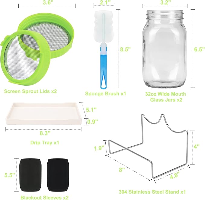 Lulonpon Sprouting Kit, 2 Sprouting Jar Kits, Wide Mouth Quart Mason Jars with Stainless Steel Screen Sprout Lids,1000ml Sprouts Growing Kit, Seed Sprouter Set for Growing Broccoli, Bean, Alfalfa ﻿