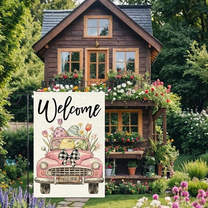 Welcome Easter Garden Flag 12x18 Inch Double Sided Burlap Pink Vintage Car Easter Eggs Flowers Buffalo Check Bow Outdoor Decor for Yard Patio Spring Decor