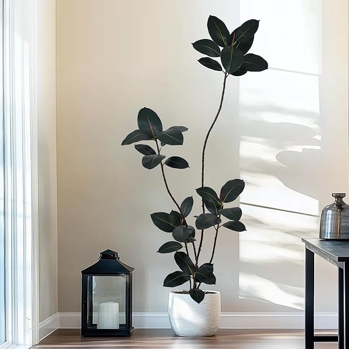 Artificial Rubber Tree 6FT with 33 Glossy Leaves & 5 Heads & Black Pot Cover with Coconut Fiber Realistic Tall Large Faux Tropical Ficus Elastica Plant 72 Inch for Indoor Home Modern Decor