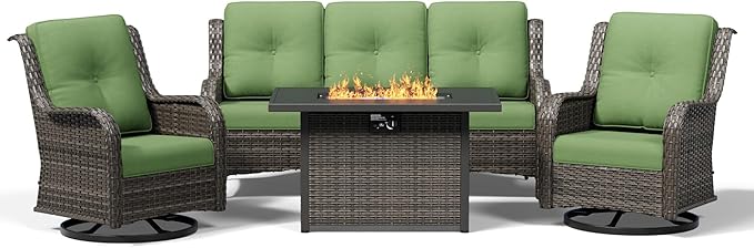 Joyside 4 Piece Wicker Patio Furniture Set with Fire Pit Table, Outdoor Swivel Rocker Patio Chairs with High Back, Deep Seating, Wide Armrest, Thickened Cushions, Outdoor Furniture for Deck, Porch Use