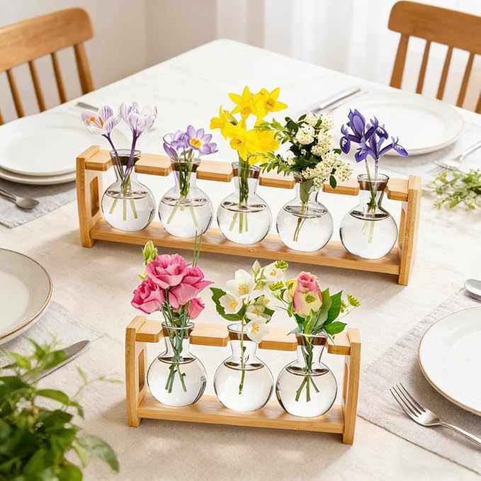 Pumtus 2 Pack Plant Propagation Stations, Desktop Plants Terrarium with Wooden Stand, Water Propagation Station, Hydroponic Plant Vase with 8 Glass Bulbs, Small Propagated Plants Jar for Home Office