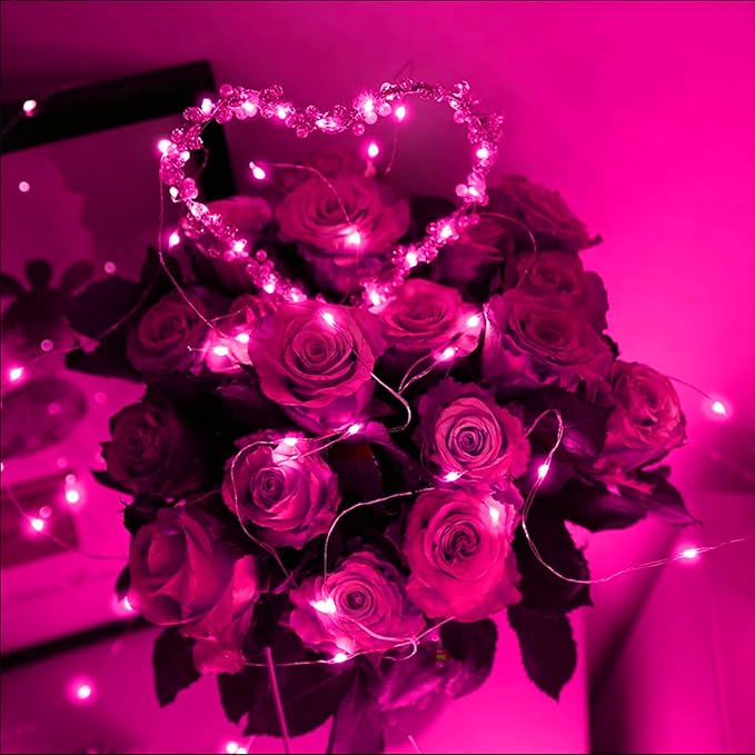 6 Pack Pink Valentine's Day Led Fairy Lights Battery Operated, Valentines String Lights Waterproof Silver Wire 7 Feet 20 Led Firefly Starry Moon Lights for DIY Wedding Galentine's Day Party Bedroom