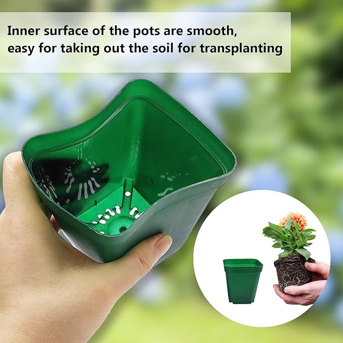 RooTrimmer Square Nursery Pots Clearance (2.7", 3", 3.5", 4") with Drainage Holes 20 Pcs, Plastic Seed Starting Pots, Sturdy and Durable Seedling Pots for Planting, Cuttings and Transplanting, Green