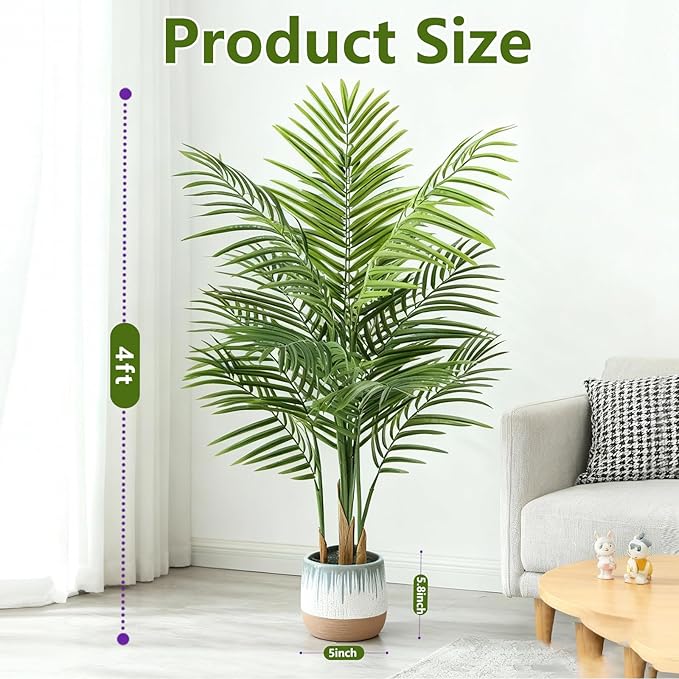 Artificial Palm Tree Indoor 4ft, Large Fake Tropical Areca Palm Tree with 13 Trunks, Faux Dypsis Lutescens Floor Plant in Pot for Indoor Outdoor Home Office Decor & Housewarming Gift