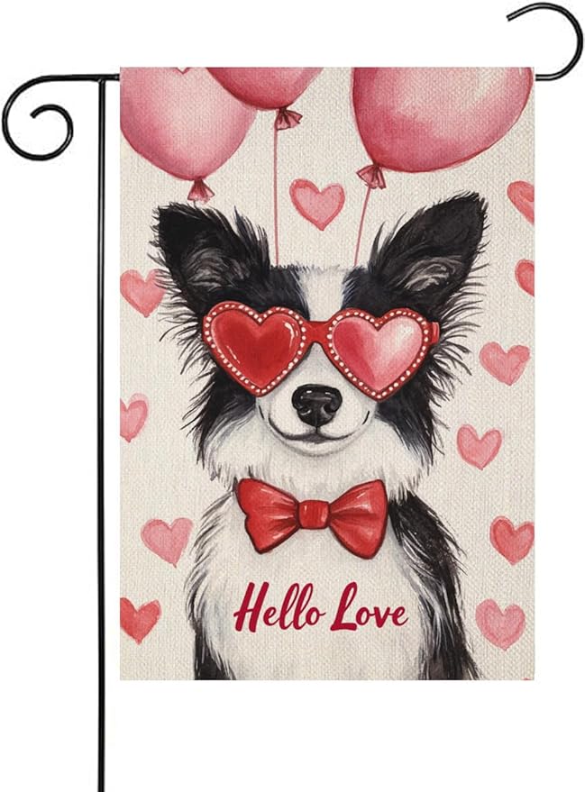 Valentine's Day Shetland-Sheep-Dog Hello Love Garden Flag, House Yard Plaid Love Heart Outside Decoration, Spring Holiday Wedding Anniversary Outdoor Small Decor 12x18(12639)
