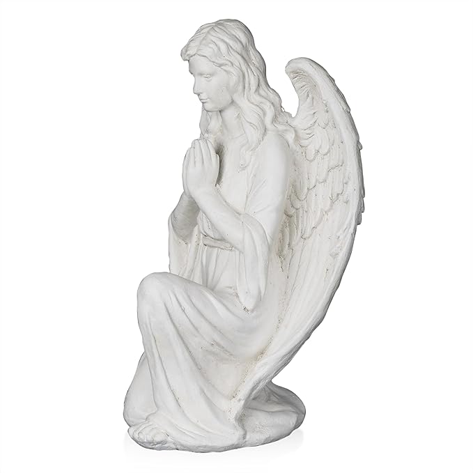 Alpine Corporation 27" Tall Indoor/Outdoor Kneel Praying Angel Statue, Tabletop Garden Decor, White