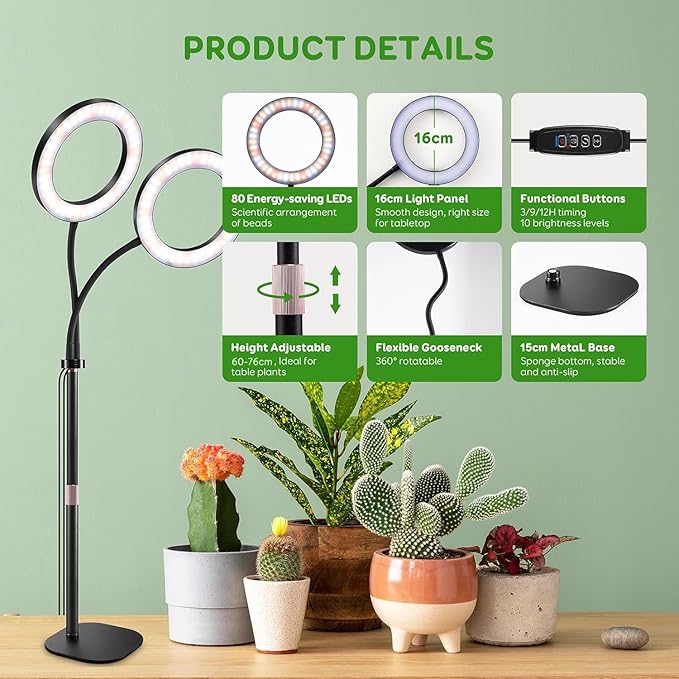 LPMZMBL Dual Heads Grow Lights for Indoor Plant Full Spectrum, Desk Halo Plant Lights for Indoor Growing with 3/9/12 Timer, 5 Dimmable Levels,Height Adjustable 9.4-23.6",Strong Metal Base Happy Light