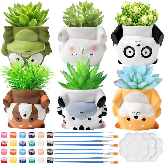 Chuangdi 6 Sets DIY Ceramic Succulent Pots Paint Animal Planters Unpainted Plant Flower Pot Paintable Ceramic Painting Kit Drainage Hole Color Paints Paintbrushes Palettes for Craft Activity