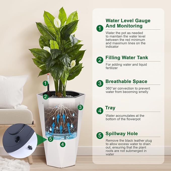 Set of 2 Tall Planters for Outdoor Plants, 22.5" Large Planter Pots with Drainage Holes & Water Level Monitor, Self-Watering Flower Pots for Patio, Porch, Garden, Front Door Decor, Indoor Outdoor
