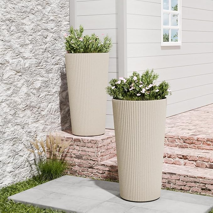 Diyfire Tall Outdoor Planter Set of 2-23.6" Large Striped Plastic Flower Pots, Decorative Indoor/Outdoor Planters for Porch, Patio, Balcony & Garden, Cream