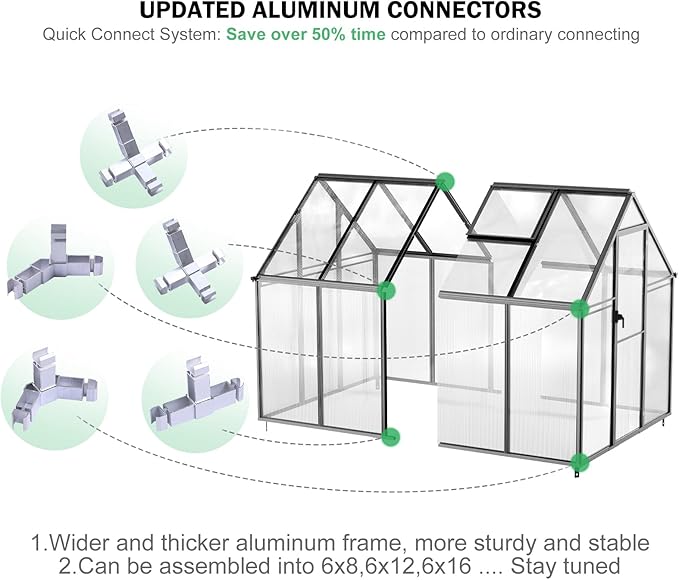 CDCASA Polycarbonate Greenhouse, 8.2x6.2 FT Easy Assembly Aluminum Heavy Duty Greenhouses for Outdoors w/ Window, Swing Door, Walk-in Green House for Sunroom,Outside, Backyard, Garden, Black
