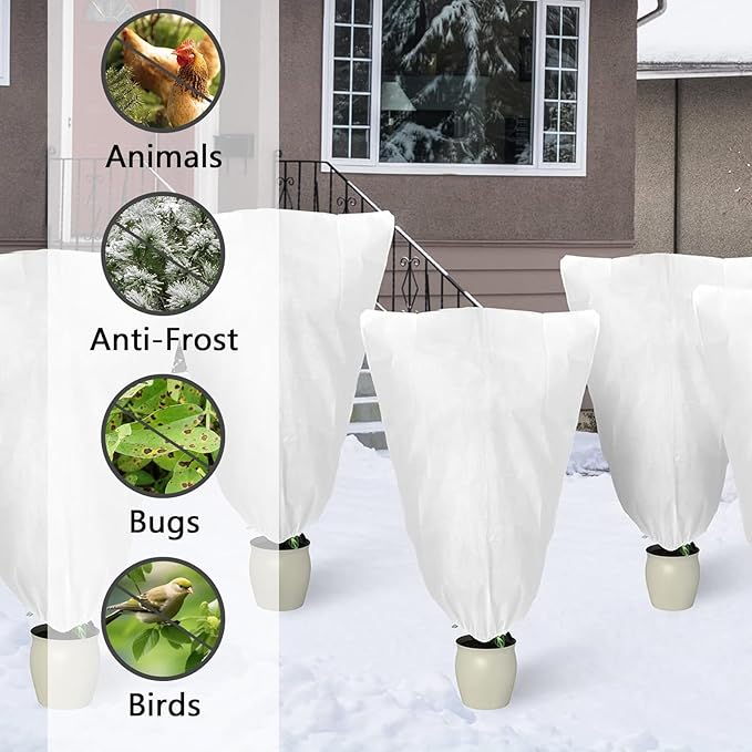 Kijamilee Plant Covers Freeze Protection, 78" x 98" 2.5oz/yd² Reusable Frost Cloth with Drawstring, Winter Plants Jacket Warm Shrubs Cover Blanket Frost Protection for Outdoor Garden Plants, 2 Packs