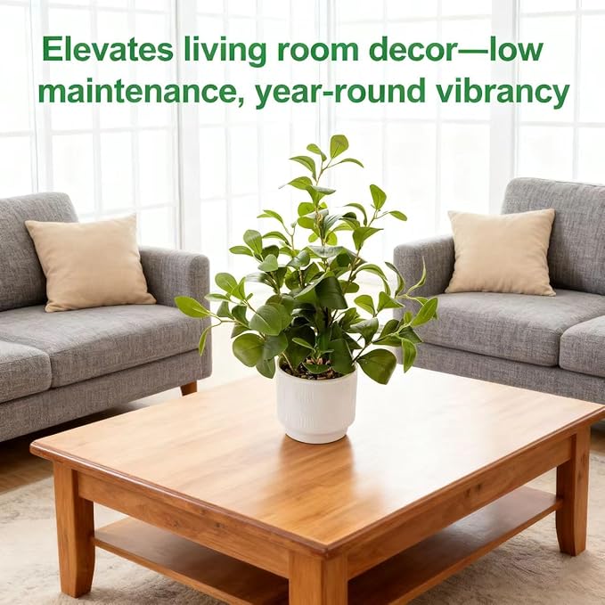 Ewtogift 19'' Artificial Ficus Plant in White Textured Ceramic Pot Realistic Faux Greenery with Lifelike Leaves Fake Plants for Indoor Home Office Bathroom Shelf Desk Tabletop Decor