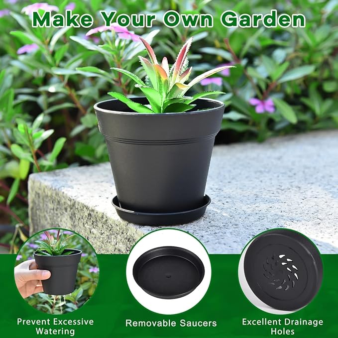 June Fox 60 Pack Small Plant Pots Indoor 4 Inch Plastic Planter with Drainage Holes and Saucers Premium Black Pots for Plants Bulk for Succulent, African Violets, Flowers, Seed Starting