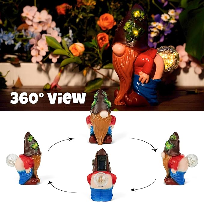 Solar Garden Statues Lights, 8.5" Christmas Outdoor Gnome Figurine with Auto On/Off for Yard Patio Decor, Gifts for Women, Grandma, Mom, Housewarming (Farting Gnome Statue)