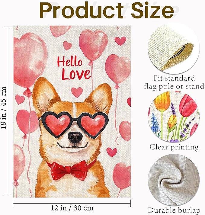 Valentine's Day Welsh-Corgi Hello Love Garden Flag, House Yard Plaid Love Heart Outside Decoration, Spring Holiday Wedding Anniversary Outdoor Small Decor 12x18(12648)
