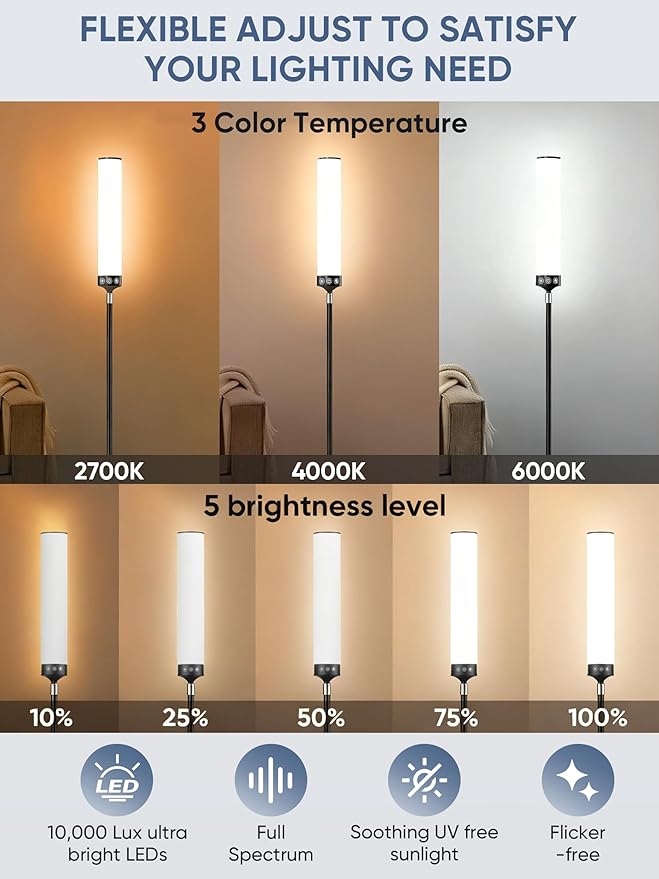 OYADISIIOP Light Therapy Lamp 10,000 Lux Happy Therapy Light with Remote, 2-in-1 Pedestal to Tabletop Lighting, Full Spectrum Daylight Lamp with Adjustable Color/Brightness/Timer, Memory Function, 24W