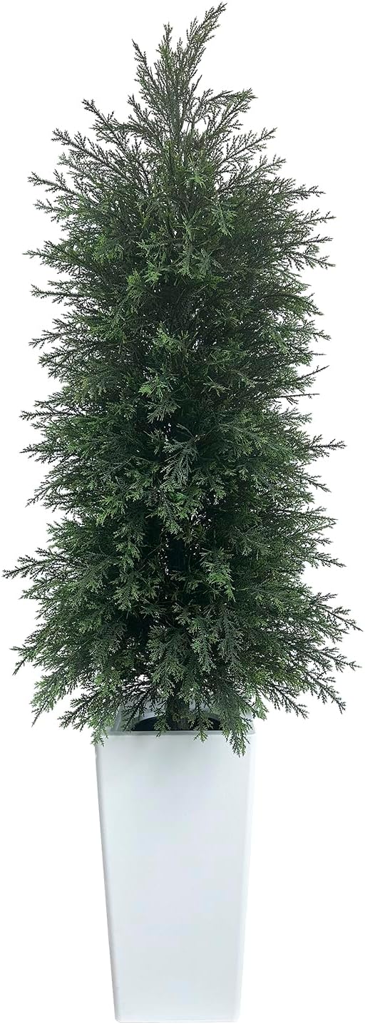 5FT Artificial Topiary Tree with Tall White Planter Beautiful Realistic Faux Cedar Pines Christmas Trees UV Rated Fake Shrubs for Front Porch Faux Plants Indoor and Outdoor Decor (1 Pack)