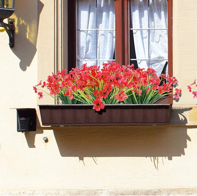 JEMONG 30 Bundles Artificial Flowers Outdoor UV Resistant Fake Flowers No Fade Faux Plastic Plants Garden Porch Window Box Decorating(Deep Red)