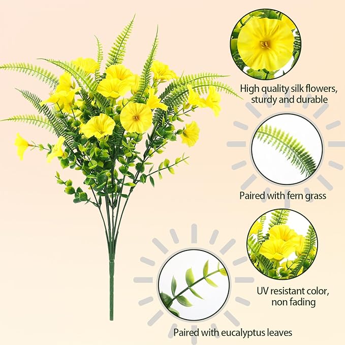 HIAGROW Artificial Flowers Outdoors 12 Bundles Yellow Artificial Petunias Fake Flowers UV Resistant Shrubs Plants with Fern for Indoor Outside Hanging Planters Home Garden Summer Decorations