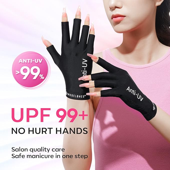 modelones UV Gloves for Gel Manicures, Professional UPF99+ Anti UV Protection Gloves for Gel Nail Lamp (Black) (Pack of 2)