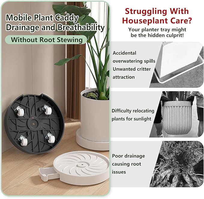 MCleanPin 2 Pack Plant Caddy with Hidden Wheels, 13" Heavy Duty Rolling Plant Stand with Removable Drainage Tray and Silent Casters Round Flower Pot Mover Planter Dolly for Indoor Outdoor Black
