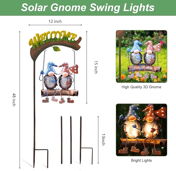 HONGLAND Gnomes Garden Decor Solar Lights Cute Gnome Swing Outdoor Decor, Gnomes Yard Lights Decor Housewarming Gifts for Women Welcome Signs for Lawn Porch Backyard Patio