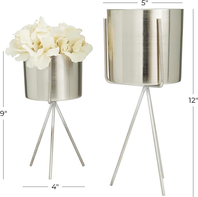 CosmoLiving by Cosmopolitan Metal Indoor Outdoor Planter Small Small Planter Pot with Removable Stand, Set of 2 Planters 5", 4"W, Silver