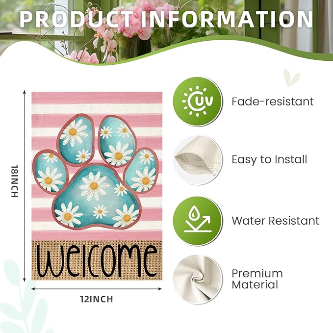 Welcome Spring Garden Flags for Outside, Dog Paw with Daisy Flowers Stripes Yard Decoration, Small Seasonal Outdoor Decor for Summer Farmhouse Holiday,12x18 Inch Double Sided