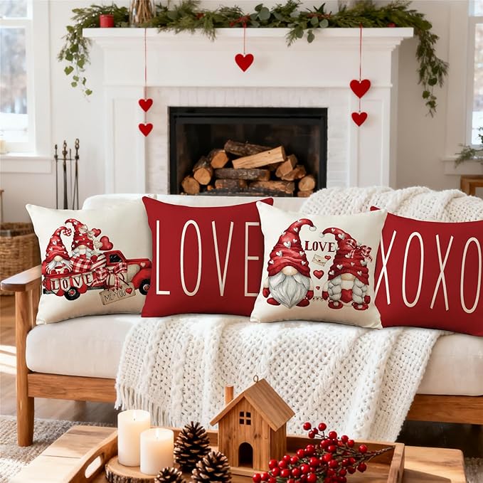 NIGHTWISH Valentine's Day Pillow Covers 16x16 Set of 4 Love Heart Truck Gnomes Valentines Day Decorations XOXO Wedding Throw Cushion Case for Sofa Couch