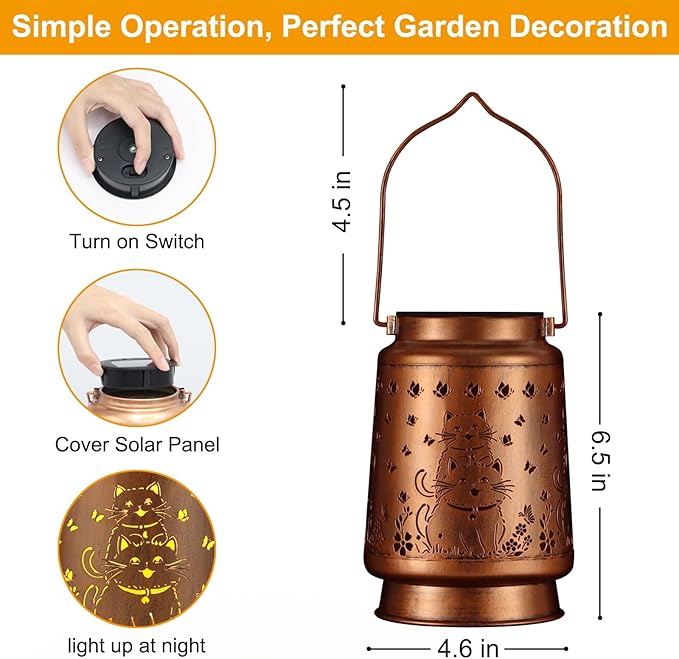 Solar Lantern Outdoor Hanging Waterproof Outside Metal Openwork Hummingbird Pattern Birthday Gifts for Women Mom Landscape Lights for Porch Garden Yard Patio Pathway Decor(Cat)