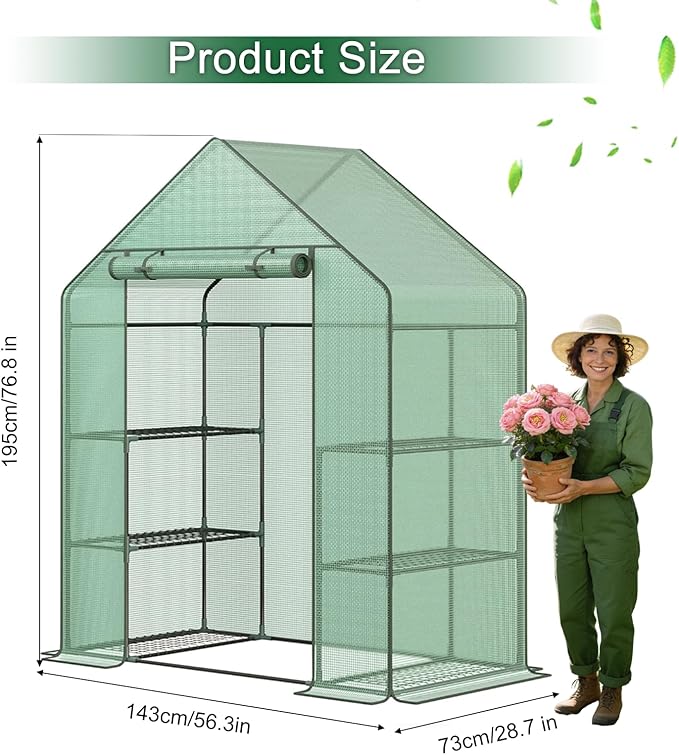 Grezone Walk-in Greenhouse Upgraded Green House with Thicken PE Cover, 3 Tiers 8 Shelves for Outdoors，Heavy Duty Plastic Plant Warm House with Reinforced Frame (56x28x77 in)