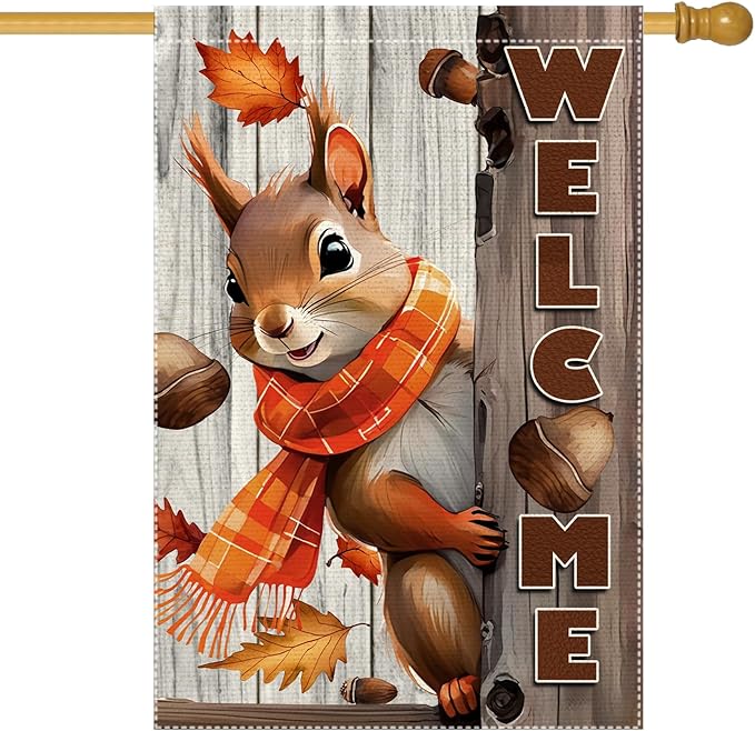 Welcome Fall Garden Flag 28x40inch The Nut Squirrel Fall Autumn Thanksgiving Garden Flags Yard Porch House Flag Double-Side For Home Outdoor Yard Patio Lawn Decor, Garden Decorations (RMQ-718D, 28"X40")